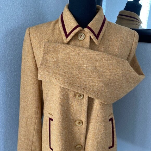 PHILLIPE ADEC Camel Wool Blend Tweed Jacket with Burgundy Trim Sz 6 - Picture 12 of 16